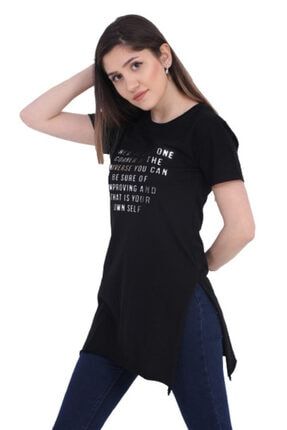 Gofre Baskılı Yanları Yırtmaçlı Kısa Kollu T-shirt Renk Siyah D4S8A9D479Q0DS8-D0SA08QF