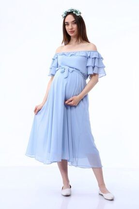 Carmen Yaka Şifon Bebe Mavi Elbise ADA2020