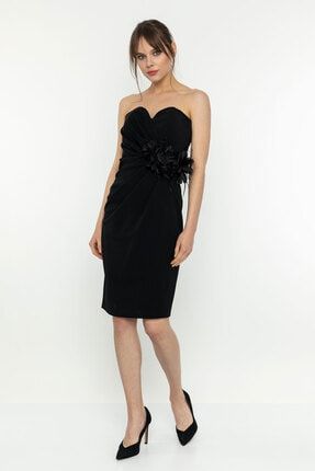 Kadın Siyah Straplez Drapeli Elbise BX-000170