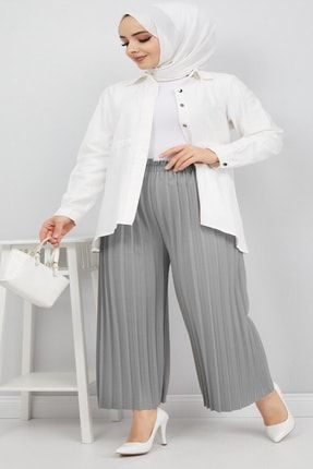 Kadın Gri Beli Lastikli Pliseli Pantolon tesettürpantolon001