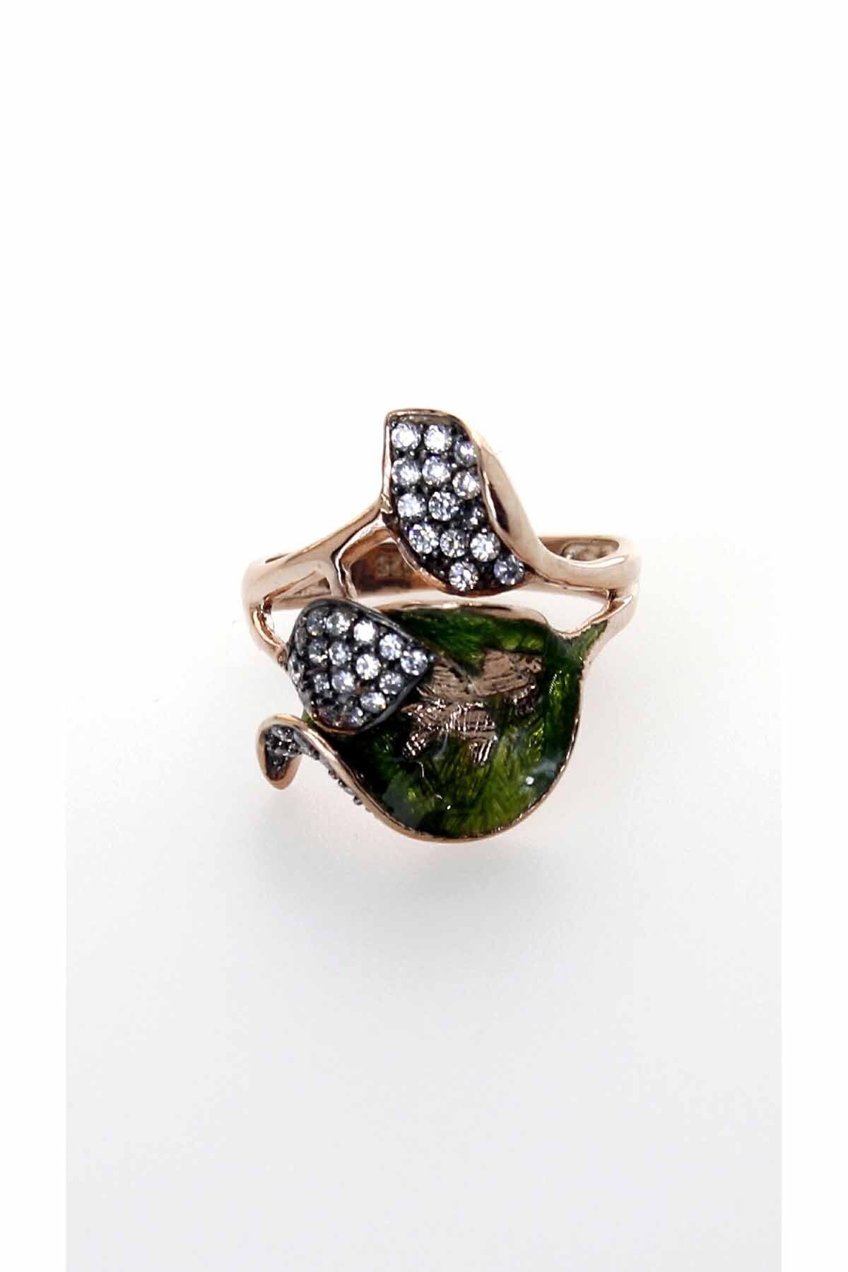 Zirkon Taşlı Yaprak Rose Gold Kaplama Gümüş Yüzük 2