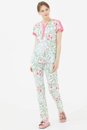 Çiçek Desenli Büyük Beden Pijama Takım - Yeşil 21Y2421-TAR1201.01-R1000