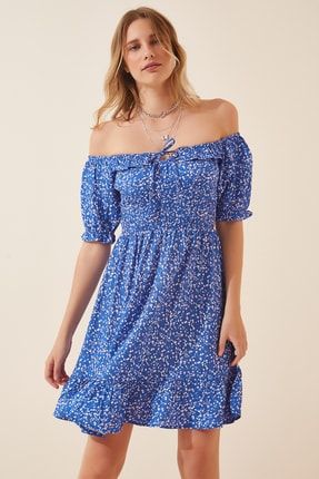 Kadın Mavi Çiçekli Mini Viskon Elbise DK00065