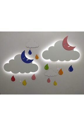 Işıklı Isimli Bulut 2 Li Ahşap Gece Lambası Ledli Dekoratif Aydınlatma Çocuk Odası fbrkahsp0432