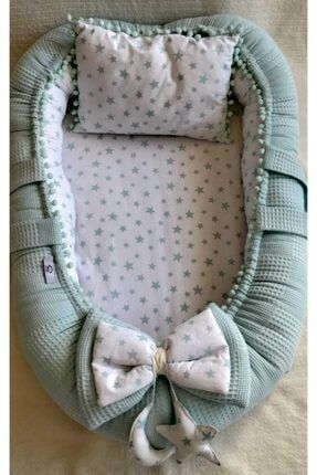 % 100 Pamuklu Waffle Pike, Poplin Kumaş Ponponlu Babynest + Yastık Yeşil 24789410