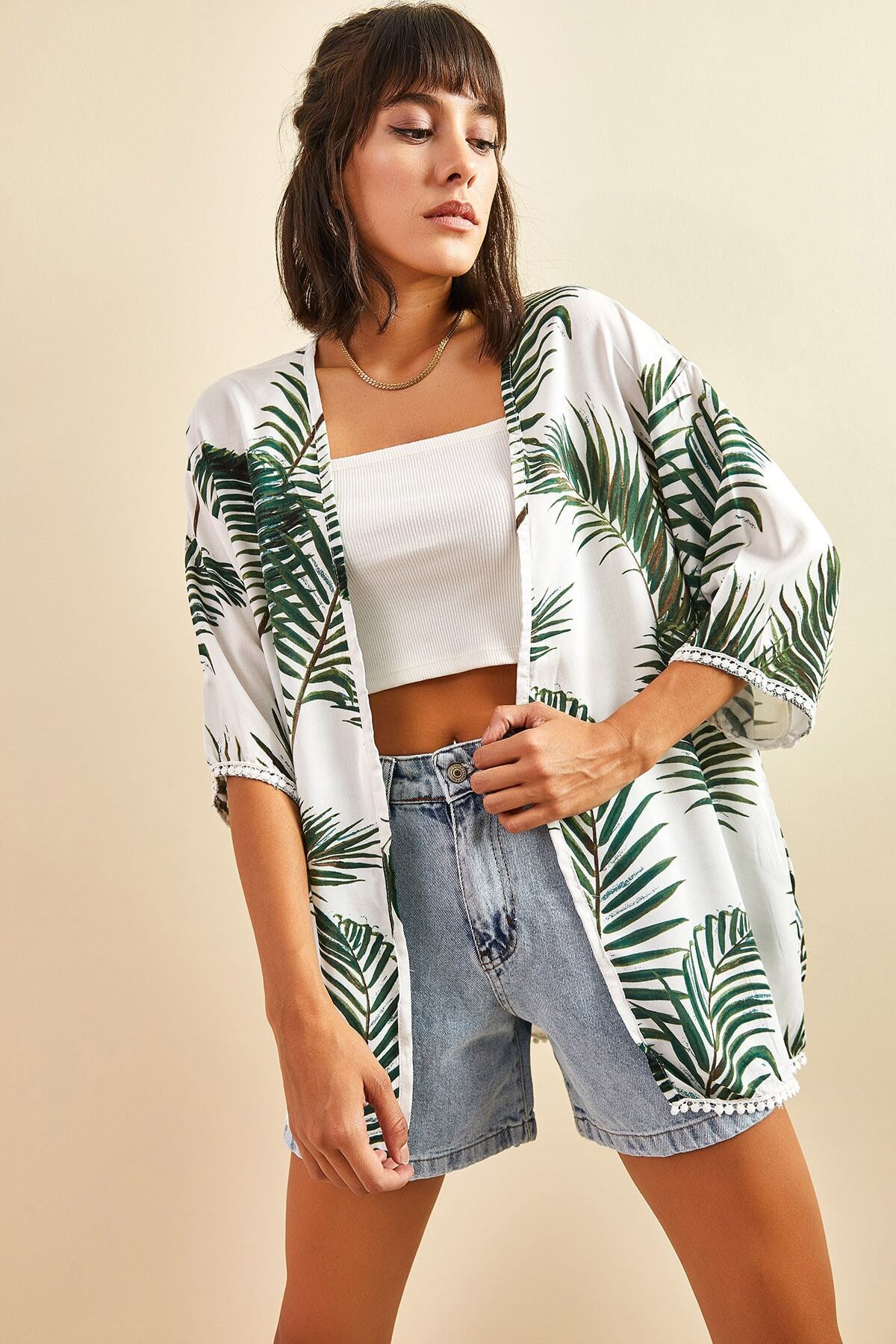 Bianco Lucci-Dámské vzorované viskózové kimono s krajkovým detailem na rukávech 4