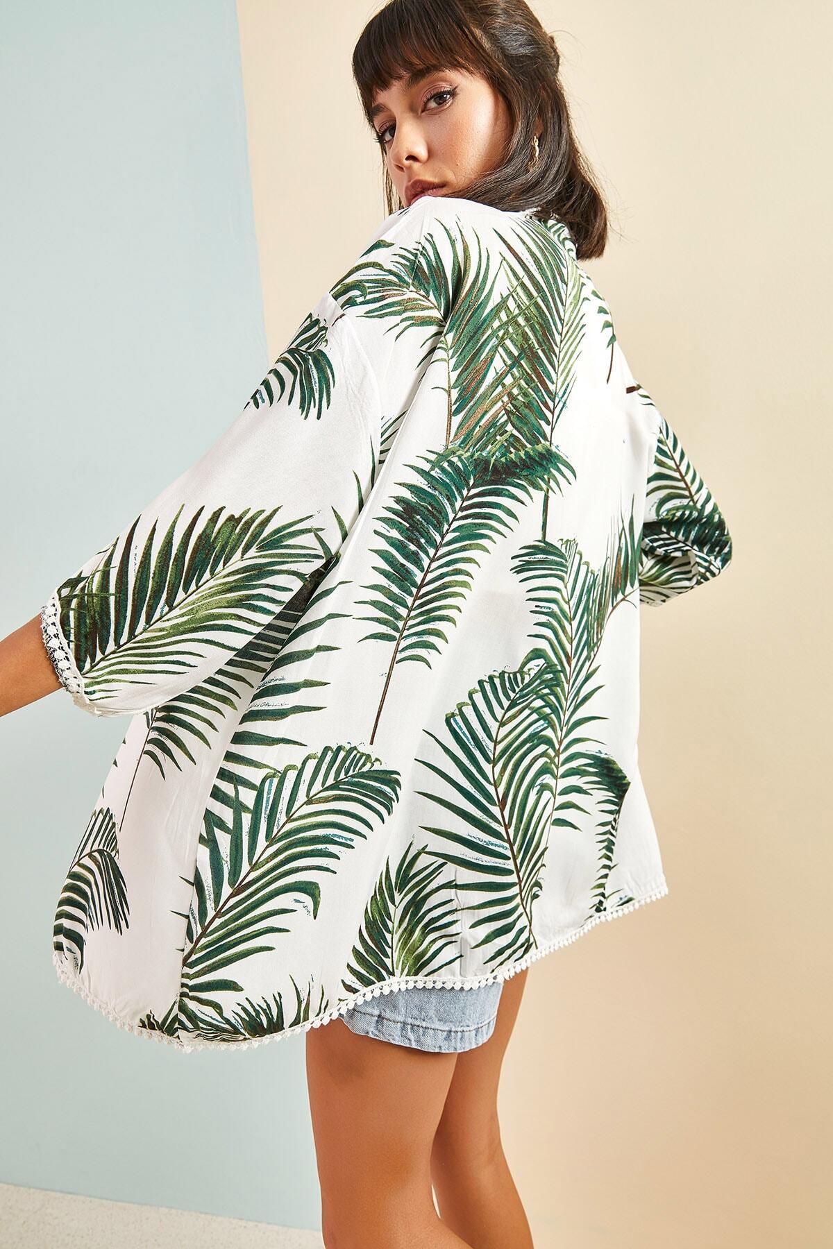 Bianco Lucci-Dámské vzorované viskózové kimono s krajkovým detailem na rukávech 7