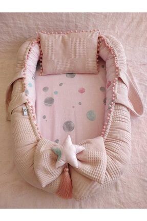 Pamuklu Waffle Pike, Poplin Kumaş Ponponlu Babynest + Yastık Pembe 24789410