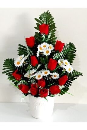 Otantik Krem Rengi Vazoda Kırmızı Güllü Papatyalı Yapay Çiçek Aranjmanı Mix60983