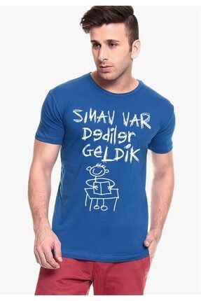 Sınav Var O Yaka Mavi Komik Baskılı Erkek Dar Kesim Slim Fit T-shirt ESSTK20210062ERKTS