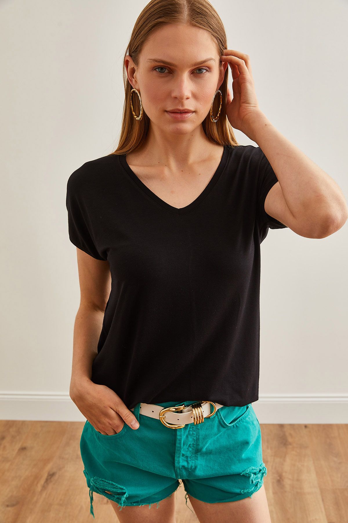 Olalook-Women's Black V-Neck Bat Viscose T-Shirt - TSH-19000822 3