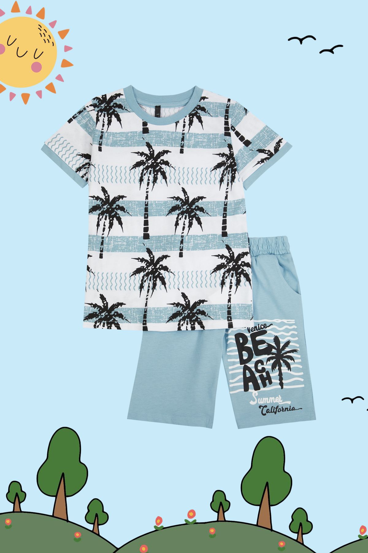 TRENDYOLKIDS-Chlapecká sada trička a šortek s modrým potiskem dlaně - TKDSS24AU00028 4