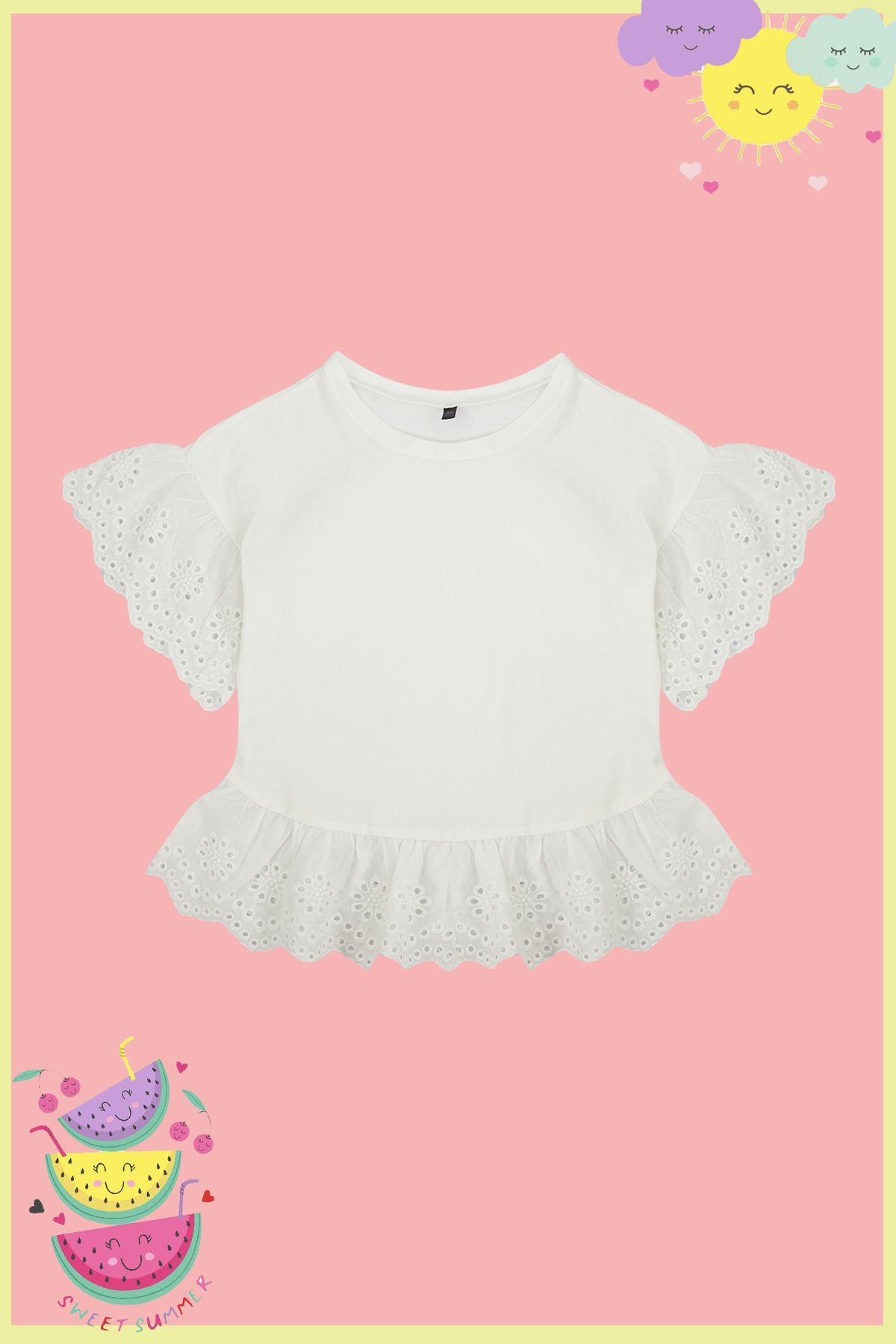 TRENDYOLKIDS-Ecru Girl's Brode réglée Insect Kırkpınarka Breton kırzkarası 100% bumbac tricou cu mânecă scurtă/blüt 3