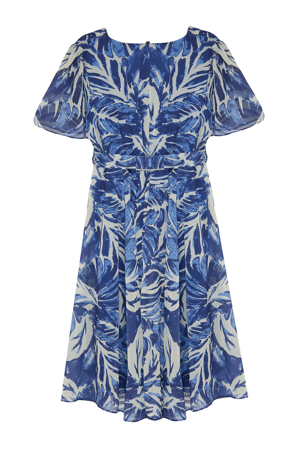 Trendyol Curve-Rochie din șifon cu model de frunze tropicale albastră țesută la două piept TBBSS24AH00154 7