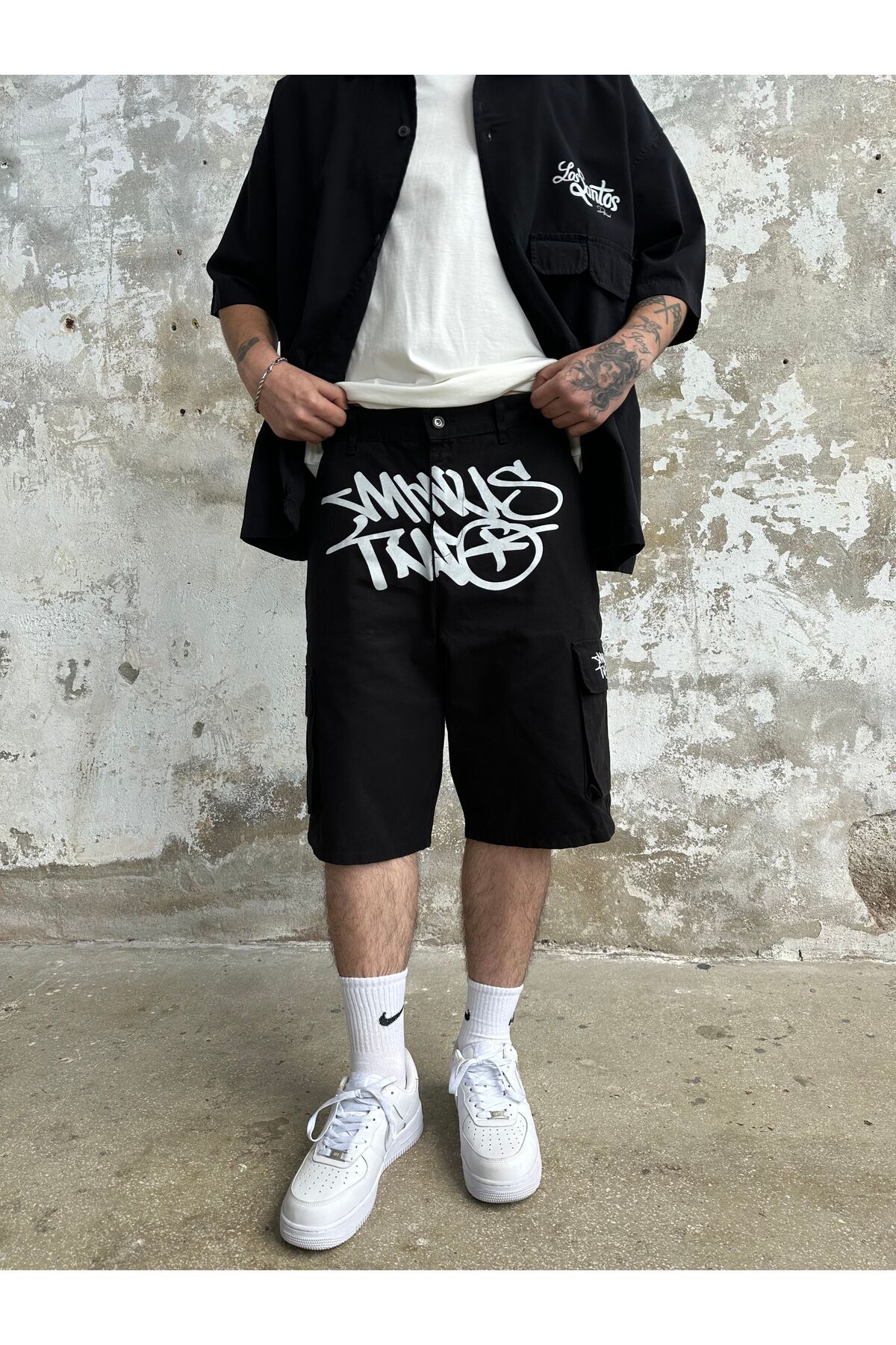 No362 Black and White Minus Two Baggy Denim Shorts- Trendyol