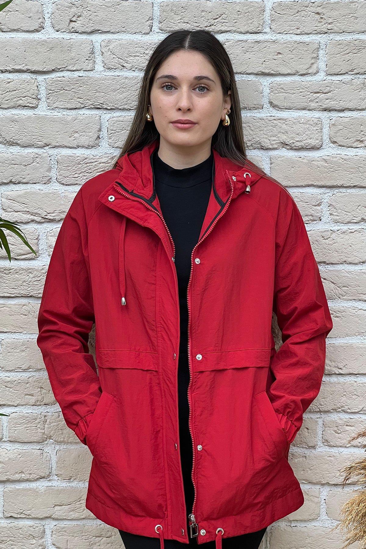 PIQUE  Hscstore Kadın Kapüşonlu Fermuarlı Mevsimlik Kırmızı Mont- GILMORE24 - Görsel 3