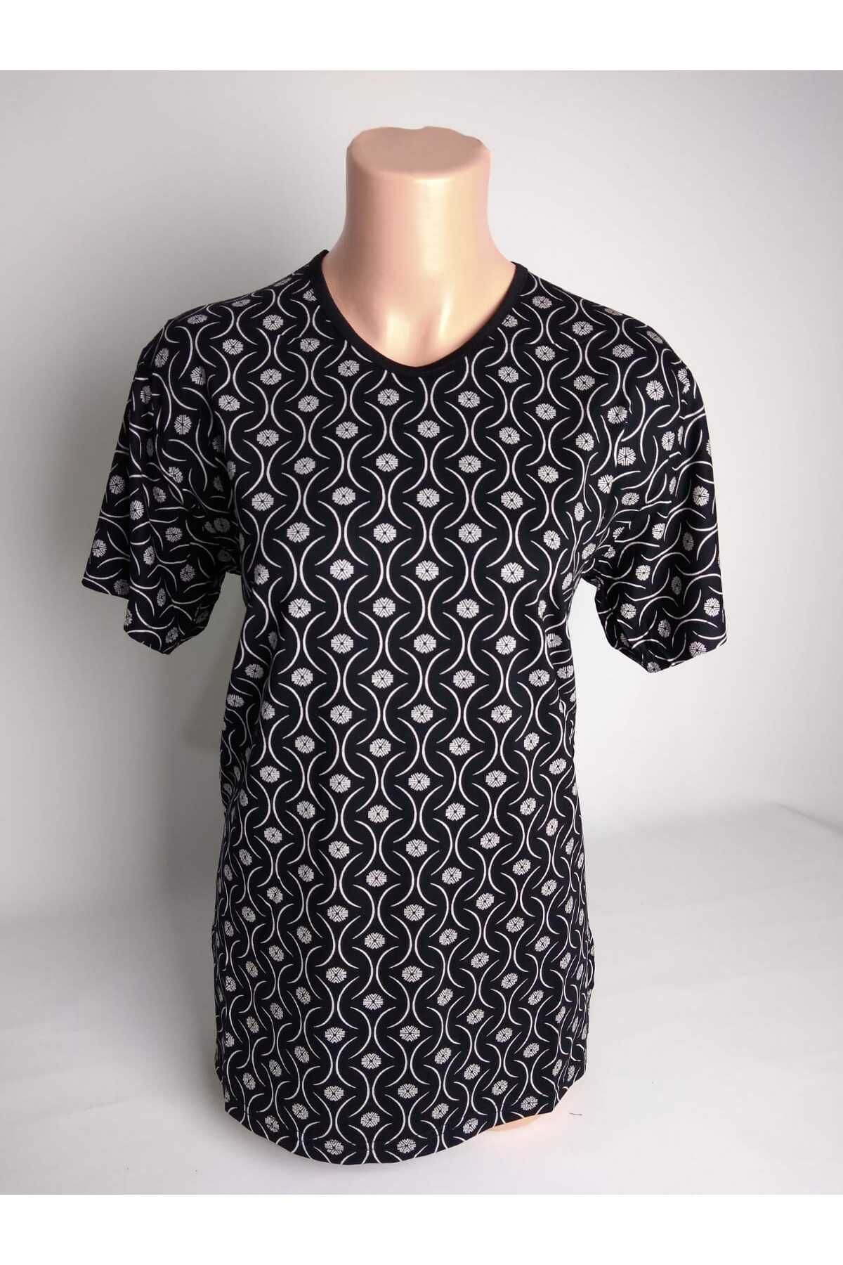 YAŞAR TRİKO V-Neck Beige Patterned Short Sleeve Slit Viscose Lycra Mother T-Shirt Blouse