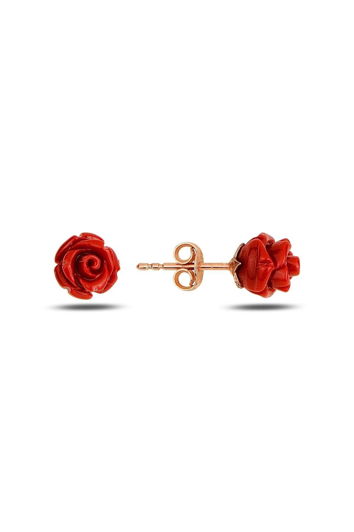 925 Ayar Gümüş Rose Kaplama Kırmızı Gül Küpe 3