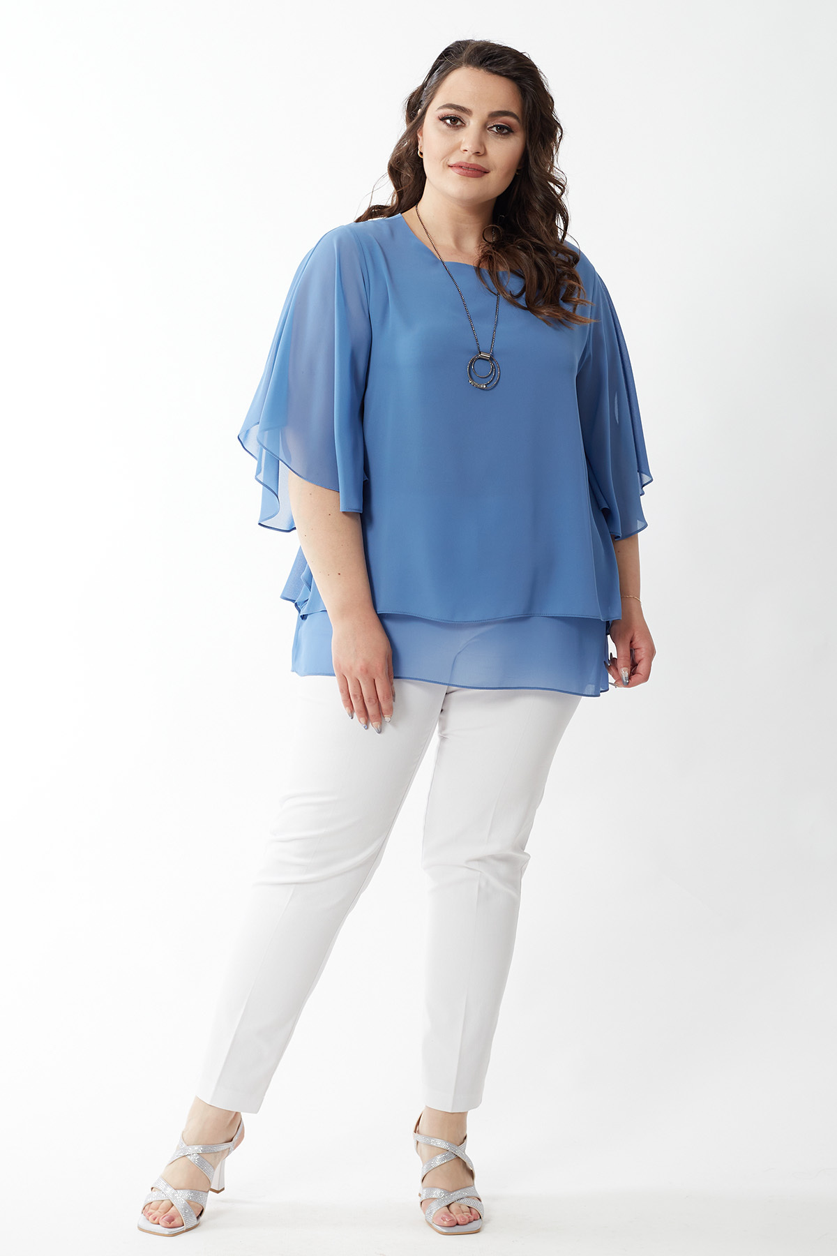 Moda Alba-Plus Size Chiffon Blouse - Cloud Bat Sleeve and Necklace 2