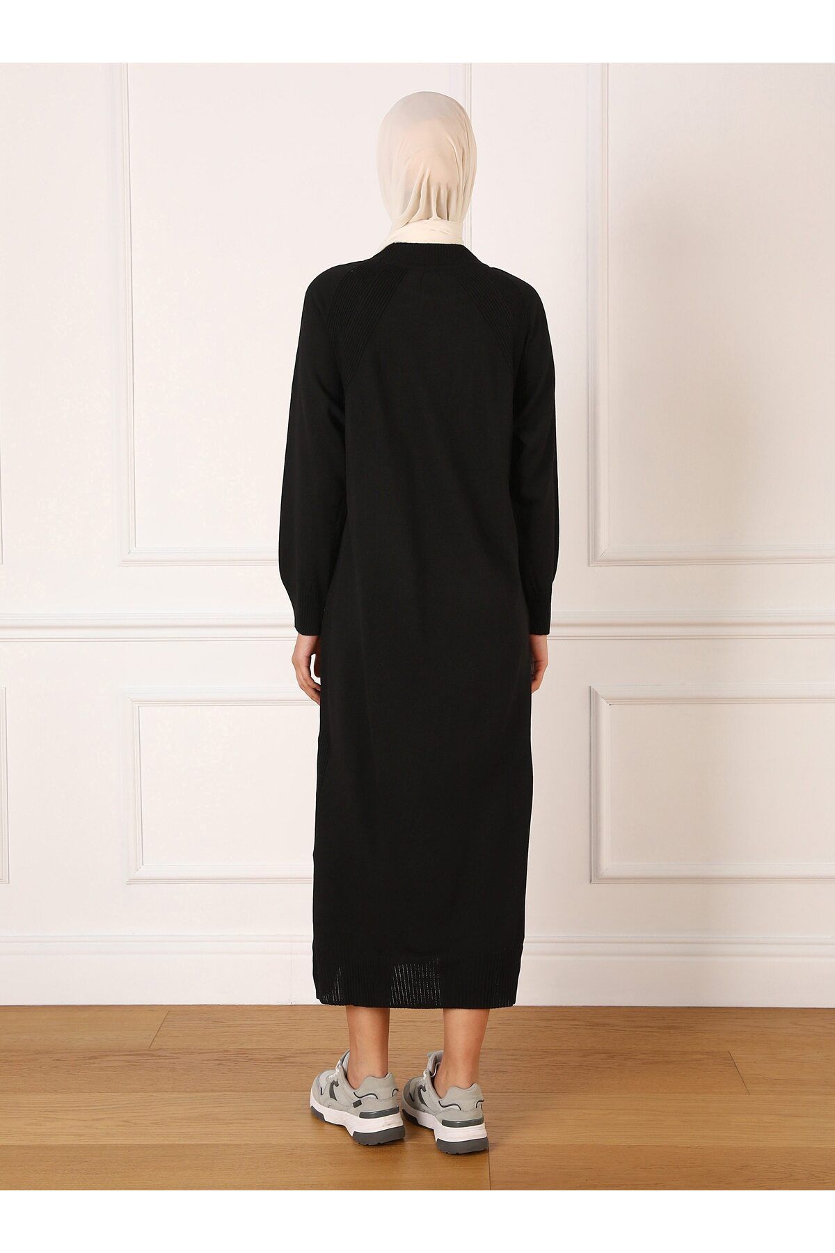 Refka-Gürtel Detaillierte Reglan Ärmel Strick Hijab Kleid - Schwarz - Refka 4