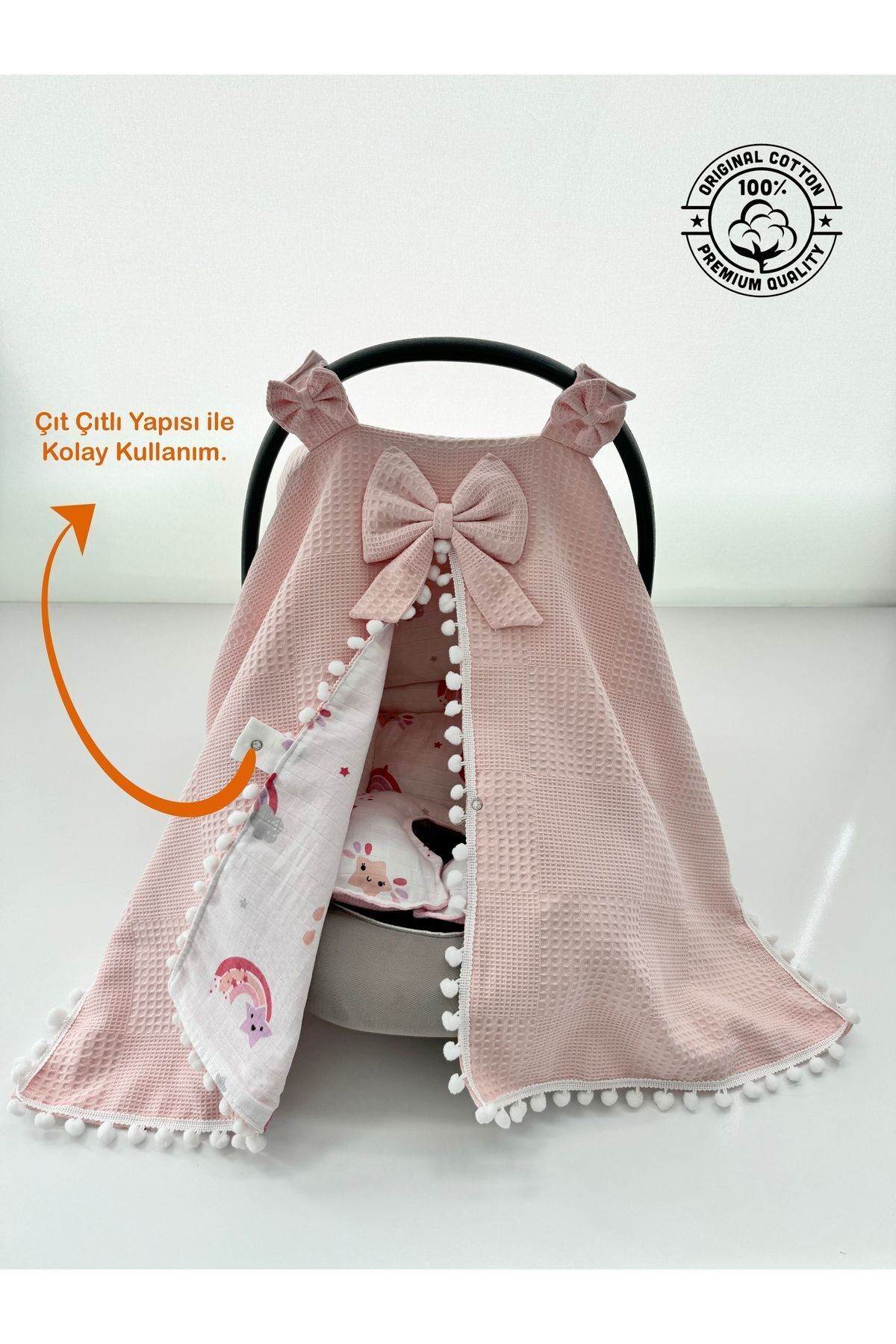 Pink Waffle Fabric Organic Stroller Cover And Stroller Cushion