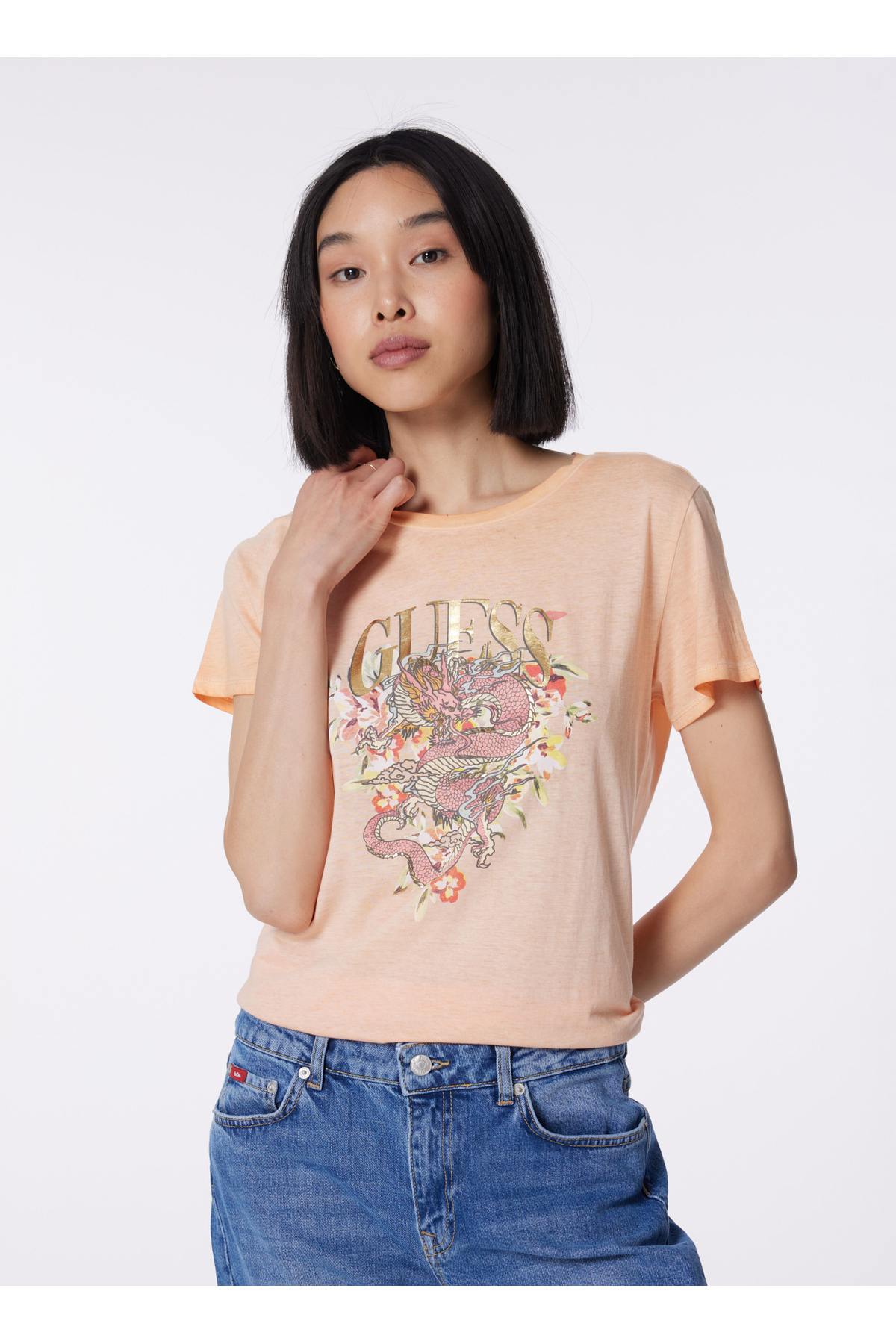 Guess Помаранчева жіноча футболка з горловиною W4GI50K9SN1-F3F9