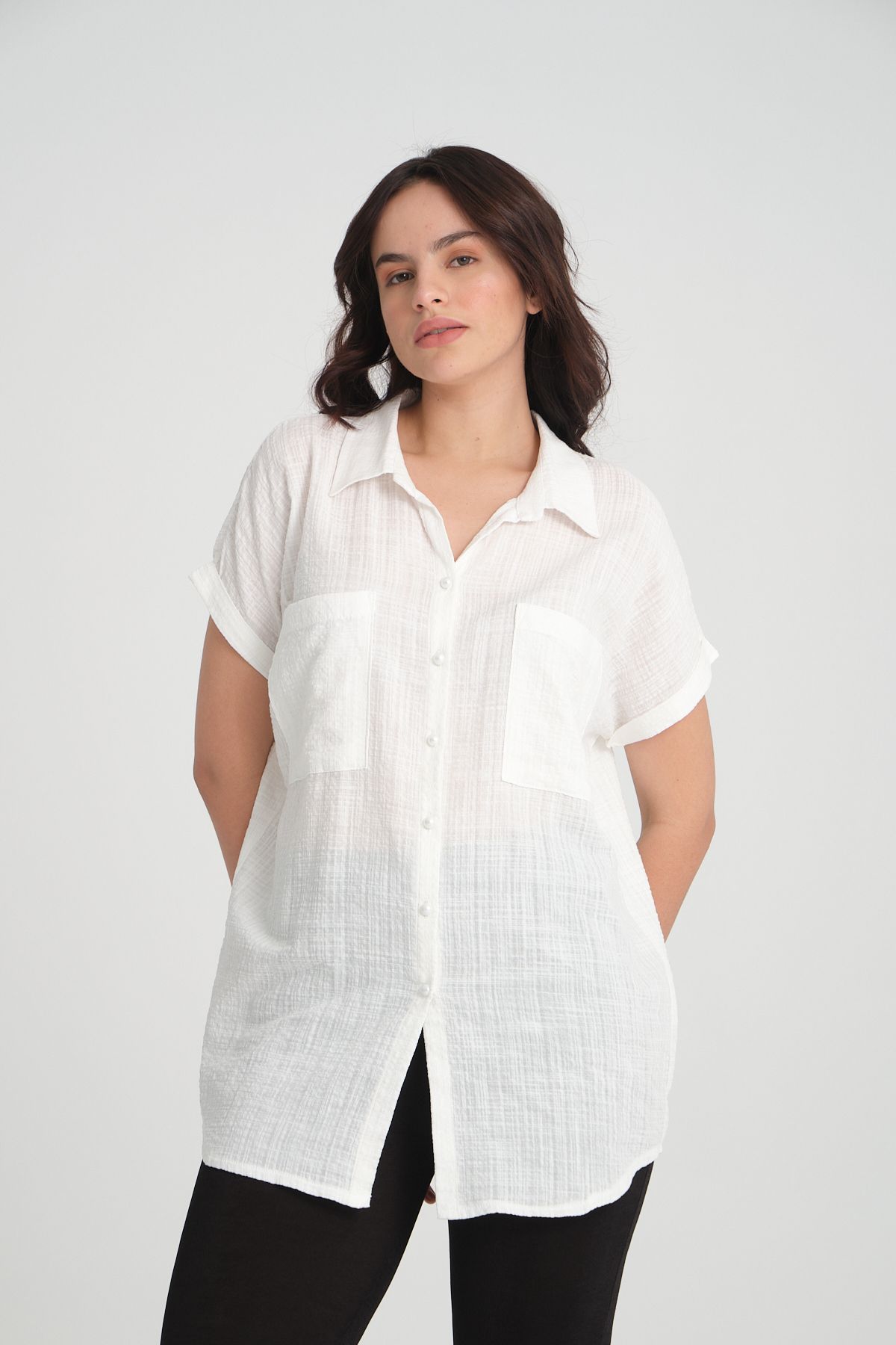 Dejabrew Jeans-Cămașă albă cu mânecă scurtă de mărime mare - a008 3