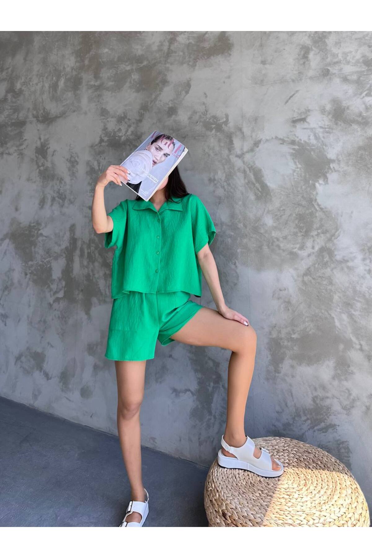 Women's Linen Shirt & Shorts Set Green Oversize Summer - Görsel 3