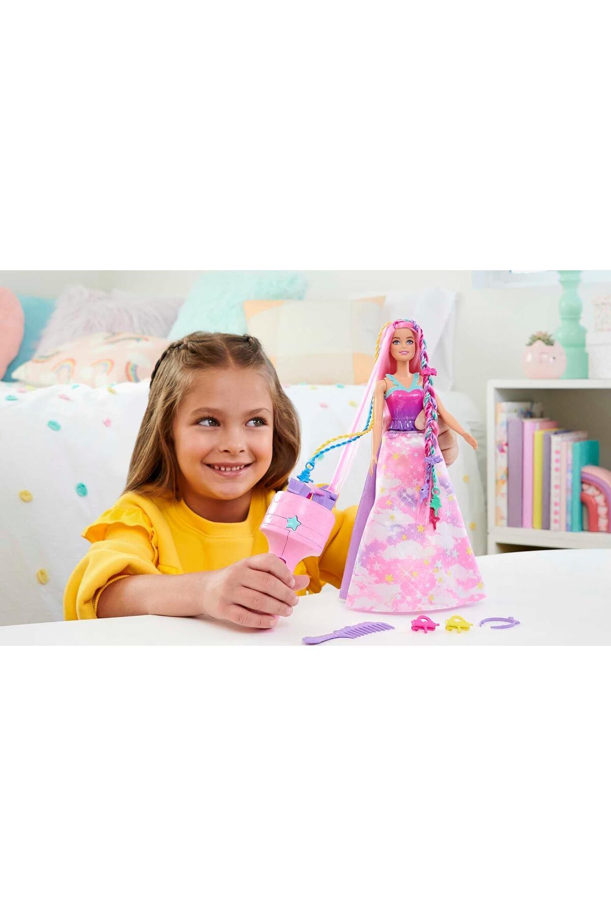 Barbie-دمية، شعر خيالي مع جديلة وتصميم ملتوي، ملحقات قوس قزح، أداة ملتوية مع الملحقات 2