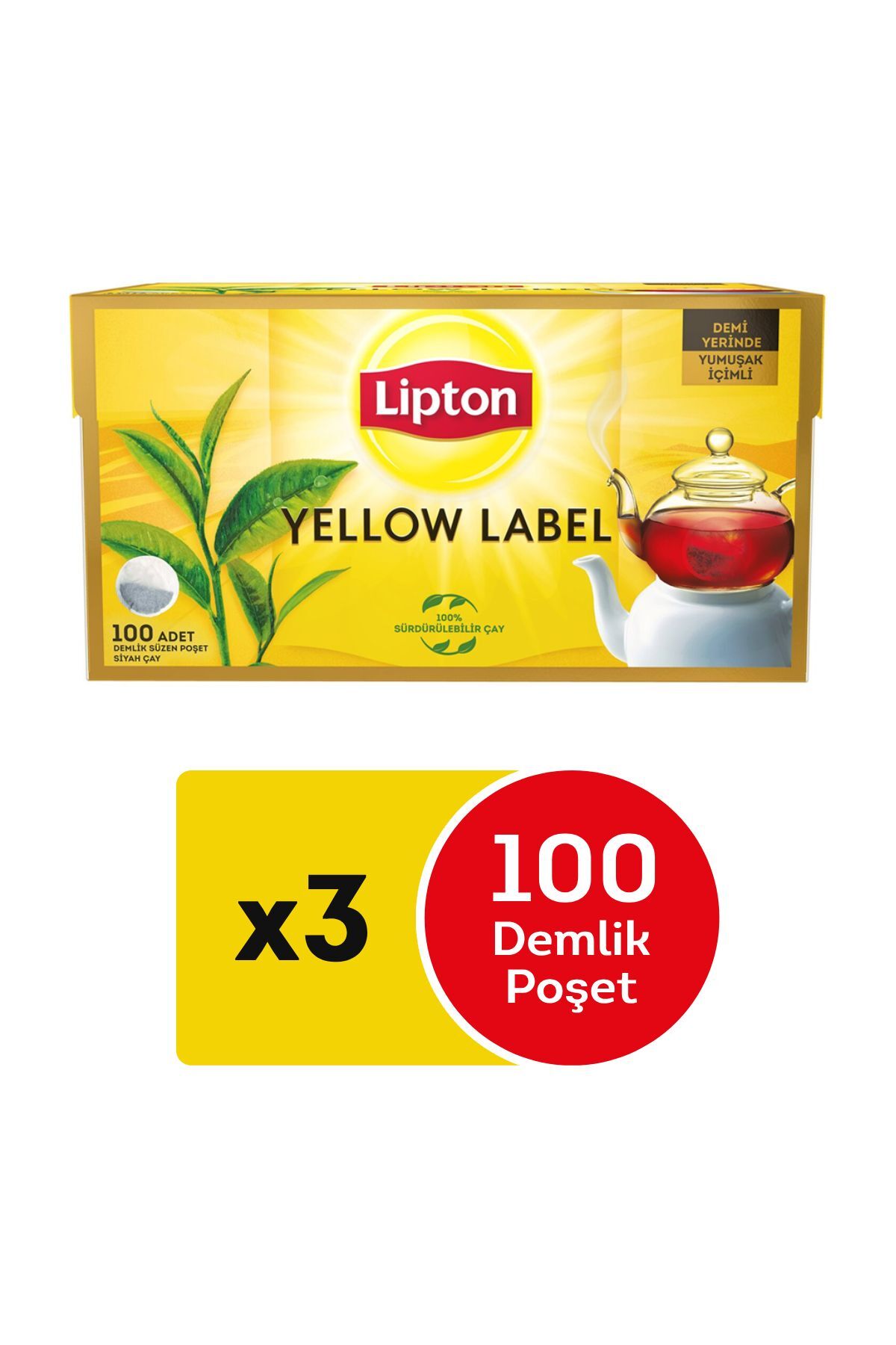 Lipton 3 Adet Yellow Label Demlik Poşet Çay 100lü