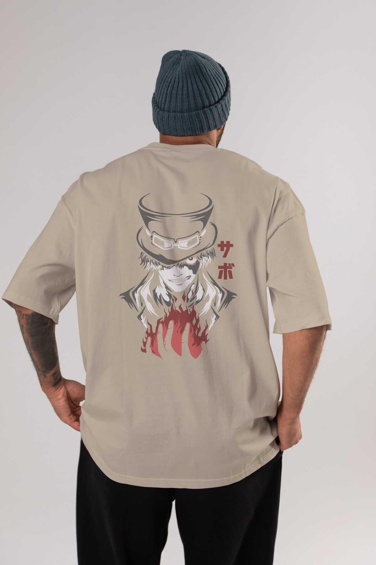 Ankhises Μπλουζάκι Saboonepiece Anime Back Printed Beige Oversize 100% Βαμβάκι Ανδρικά Γυναικεία für Adult Unisex - M