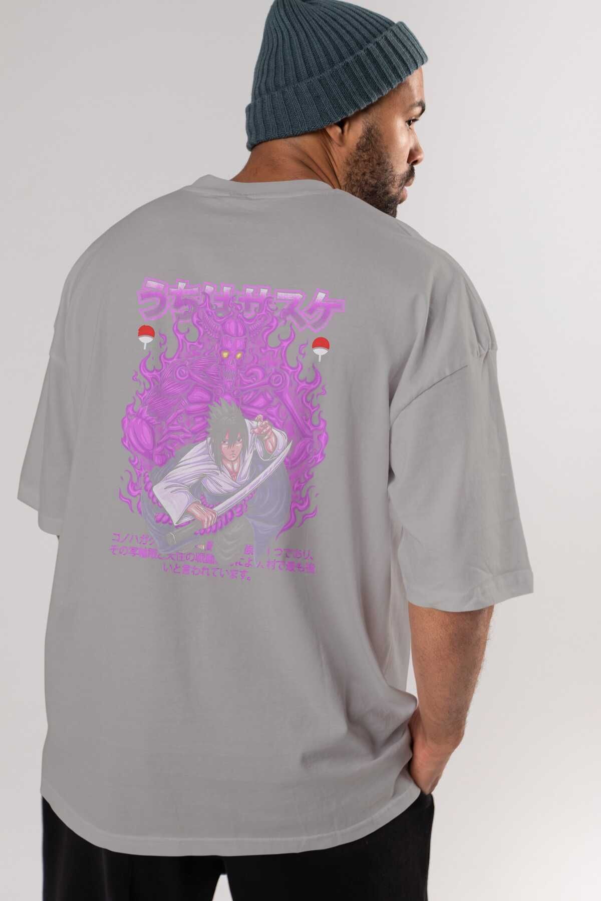Ankhises-SASUKE UCHIHA NARUTO Tricou cu imprimeu spate gri Oversize 100% bumbac Bărbați Femei 7