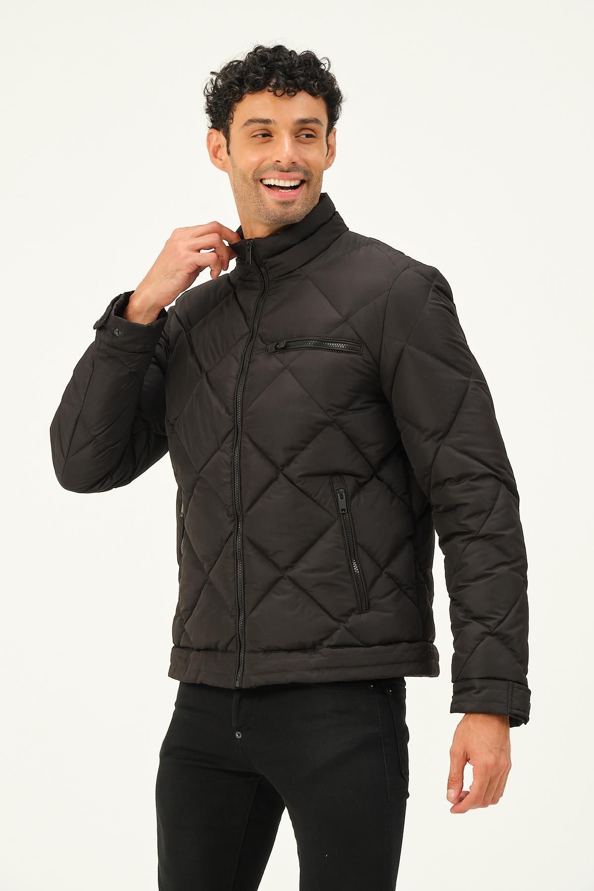 PIQUE-Hscstore Palton negru pentru bărbați cu buzunar cu fermoar - MINAS 6