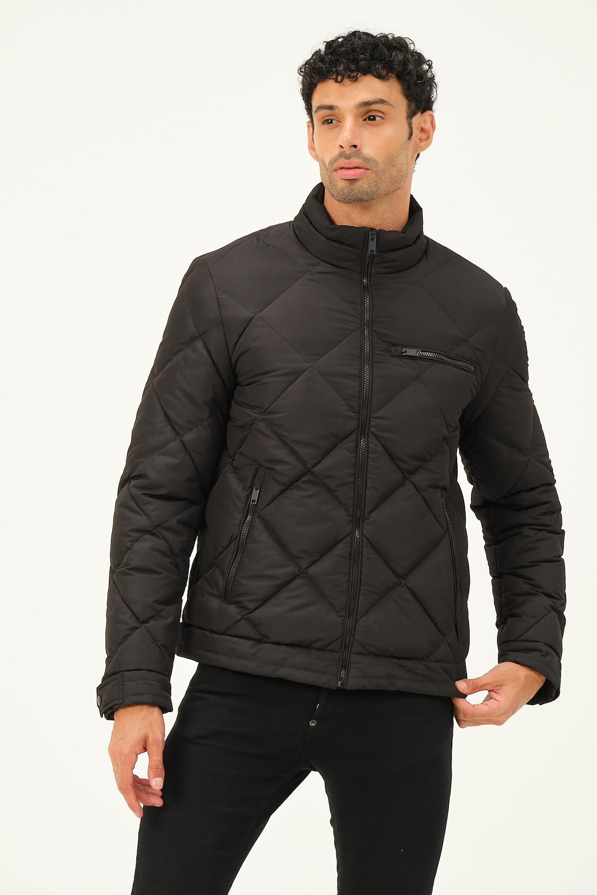 PIQUE-Hscstore Palton negru pentru bărbați cu buzunar cu fermoar - MINAS 2