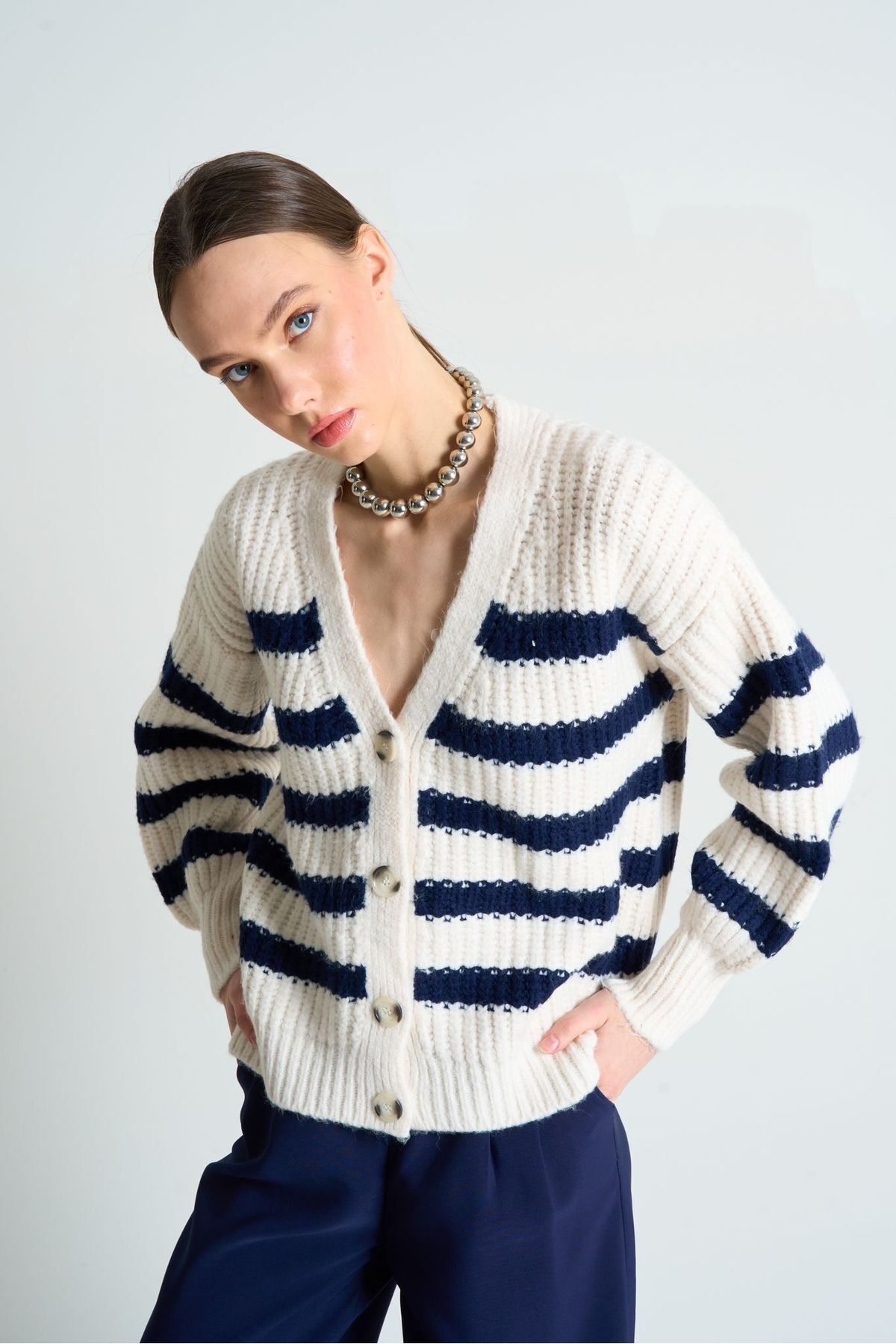 Navy and white striped cardigan sale