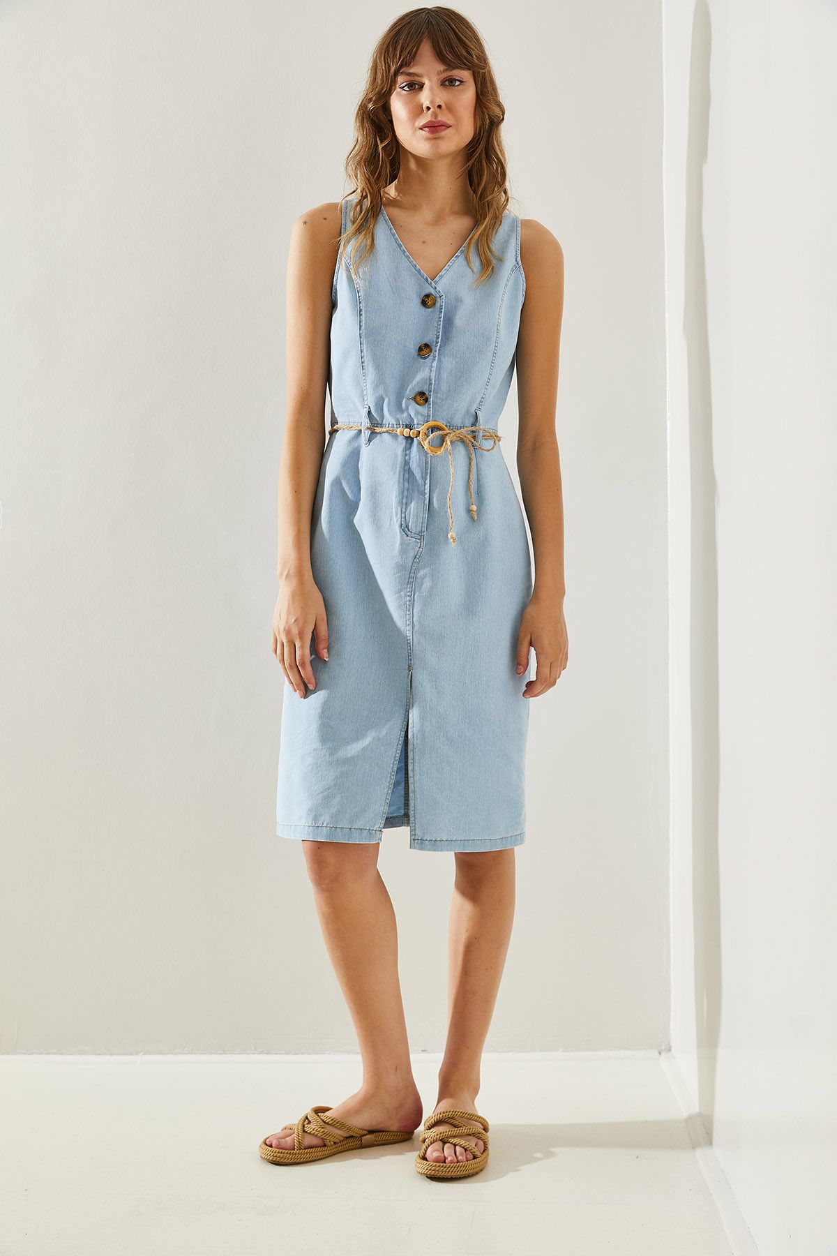 Bianco Lucci-Rochie de damă din denim subțire cu decolteu în V - 60251264 2