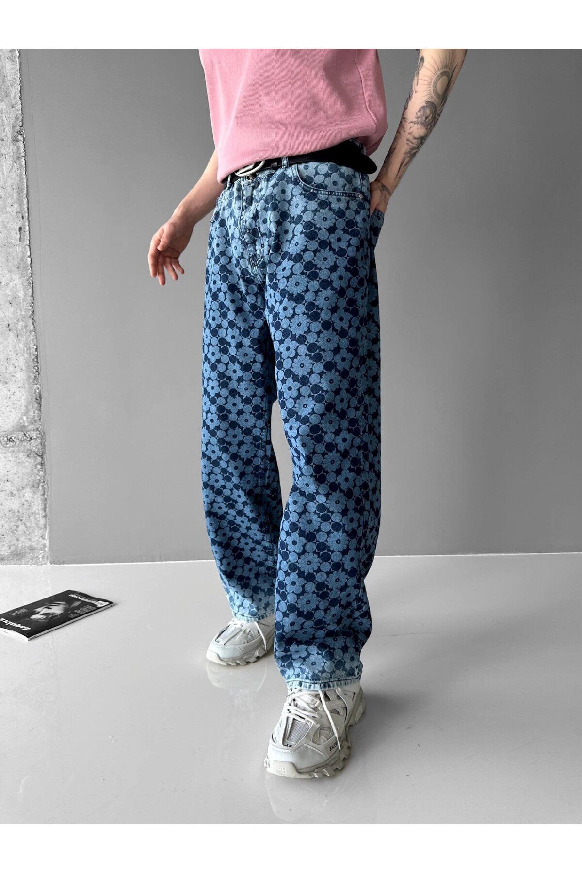 Ablukaonline Джинсовые брюки Extra Baggy Fit с лазерным принтом и цветочным узором, синие JEN.0077