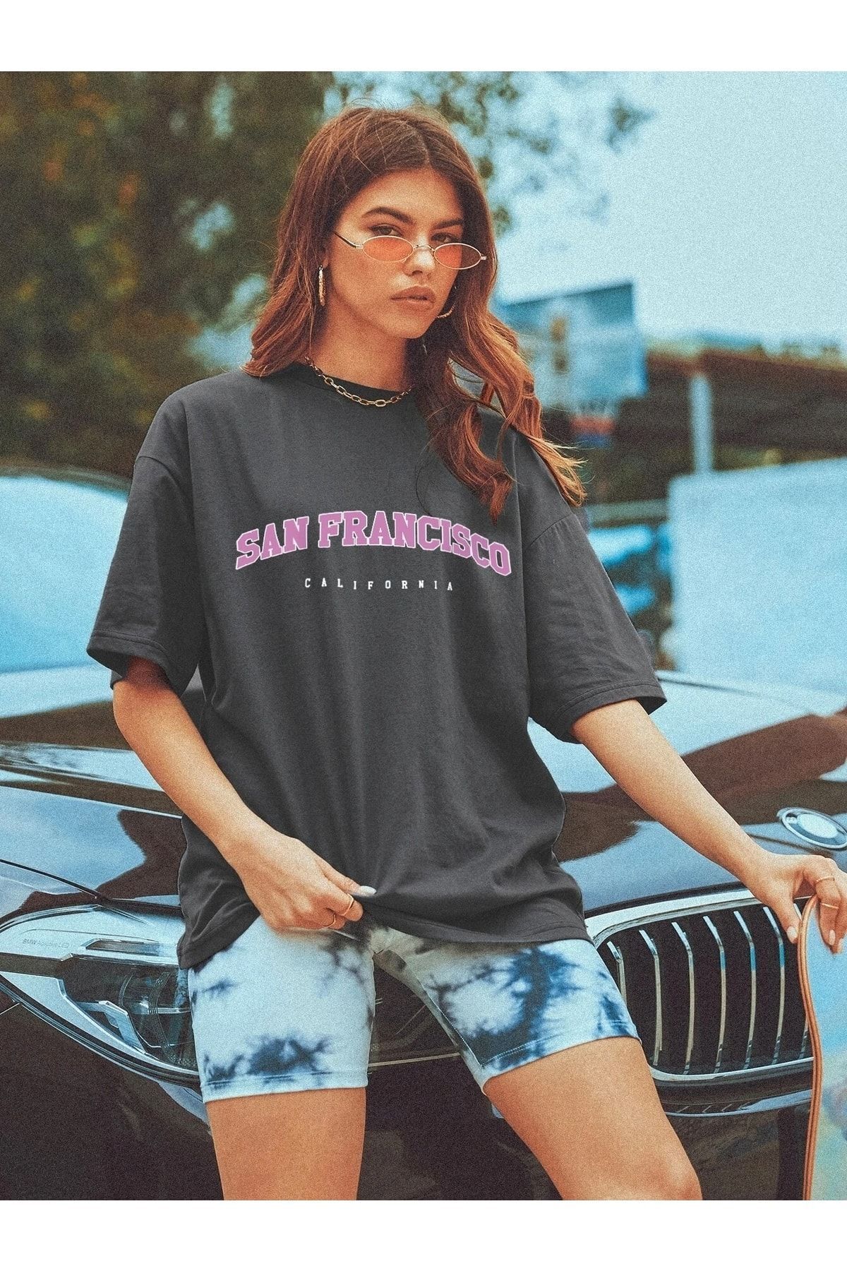 Know-Damski T-shirt oversize z nadrukiem San Francisco, przydymiony, filtrowany 5