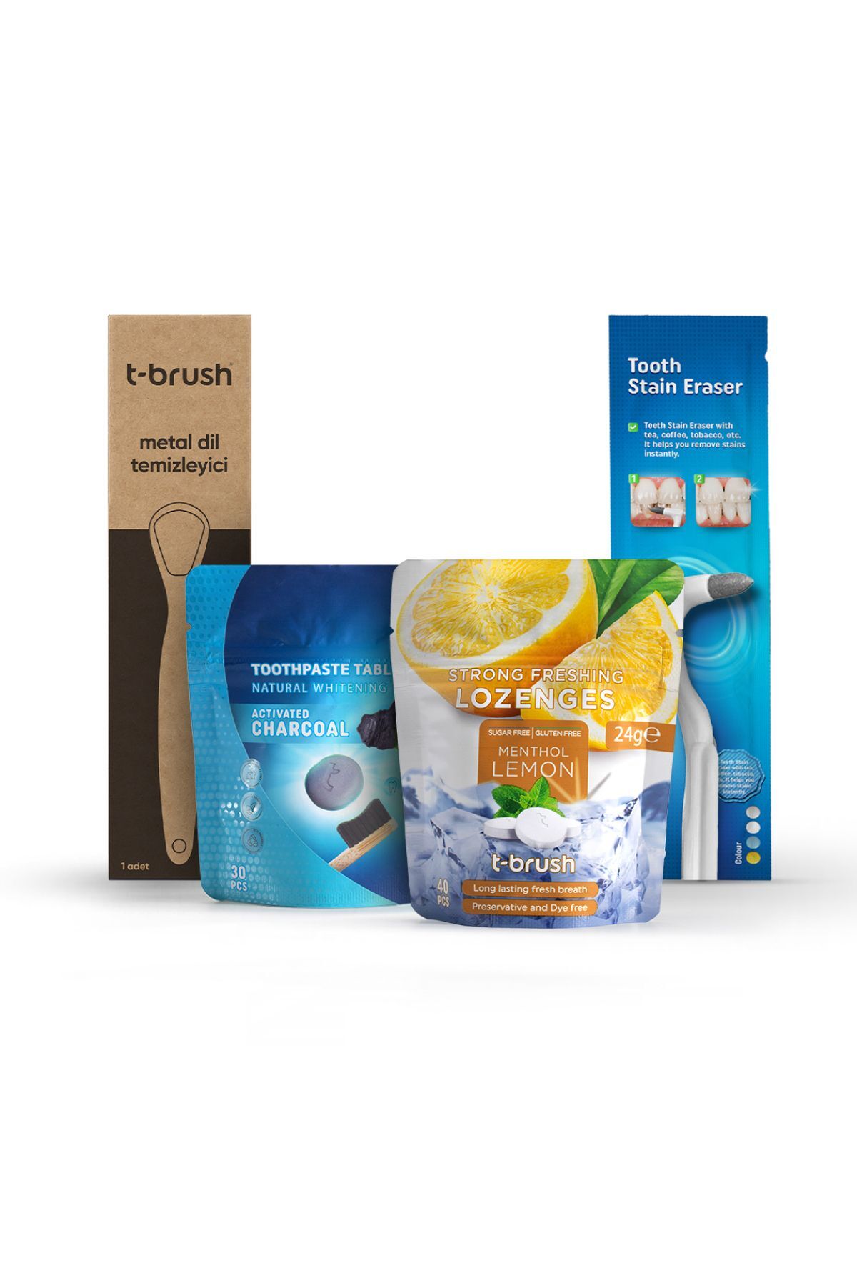 TBRUSH Çelik Dil Temizleyici&Pastil&Aktif Kömür Diş Macunu&Diş Silgisi