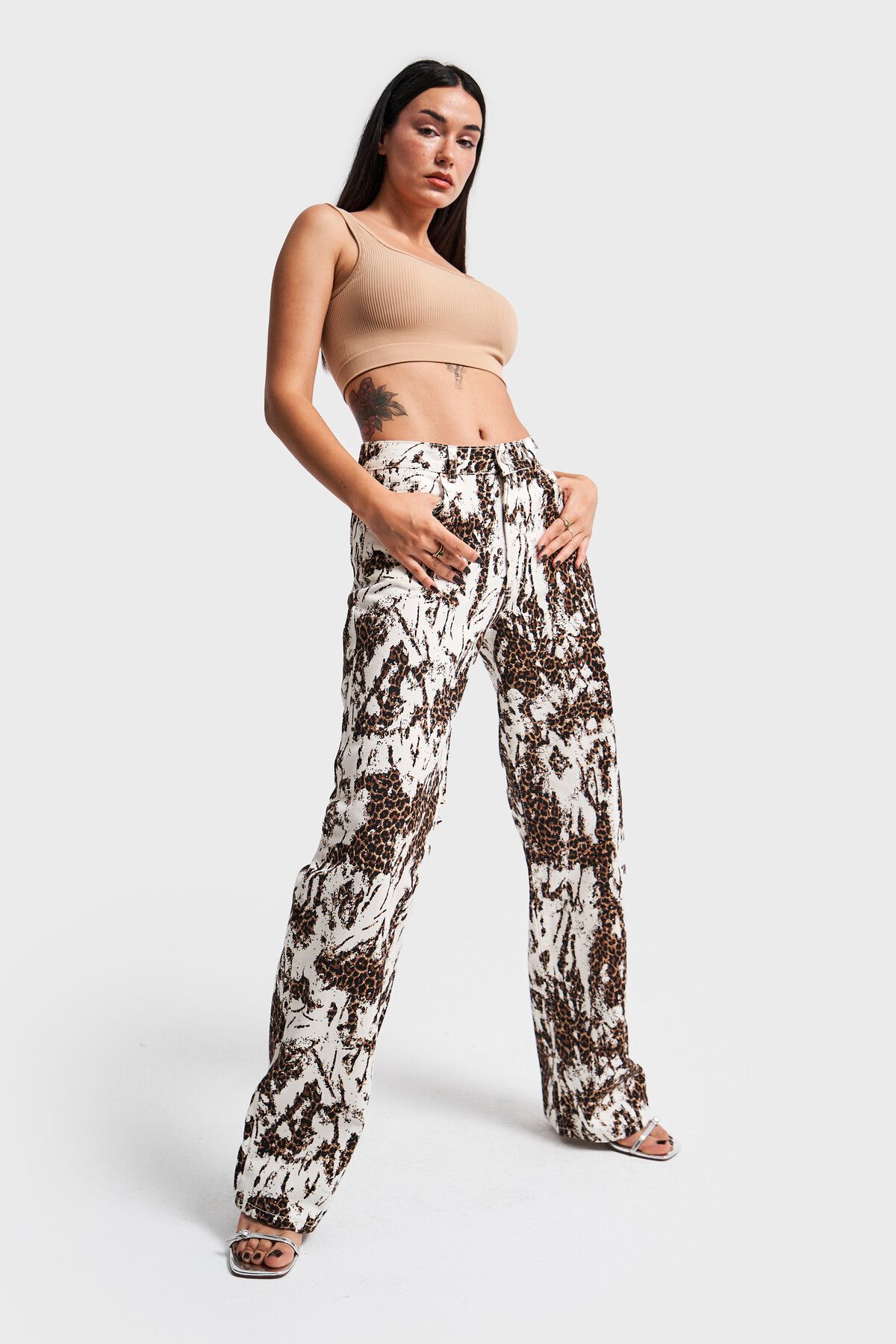 its basic-Ecru Leopard Print Γυναικείο τζιν - Loose Fit, στη μέση 5
