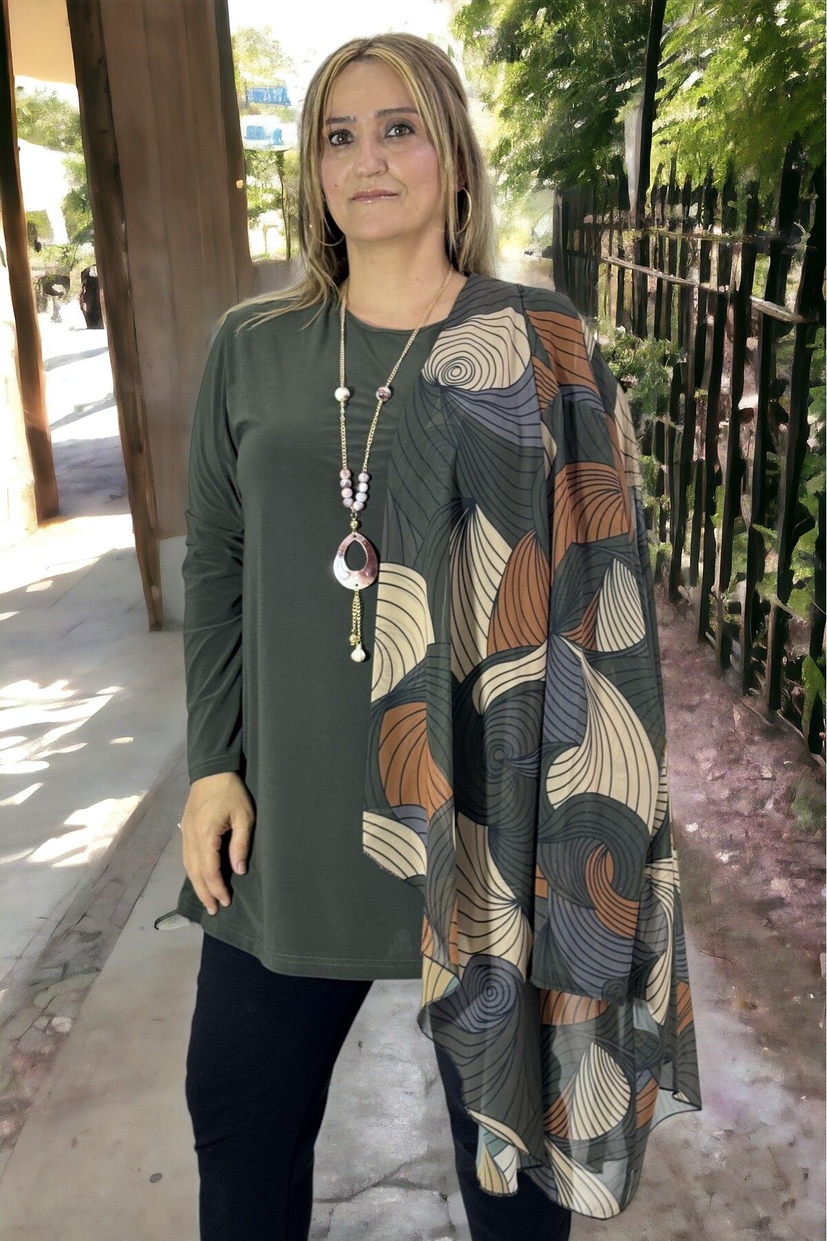 yagmurberen-Ebru Patterned Buzzzy Kumashed Chiffon Jacket and Blouse - Buzy Fabric, Unlined, Plus Size 2-Piece Set 4