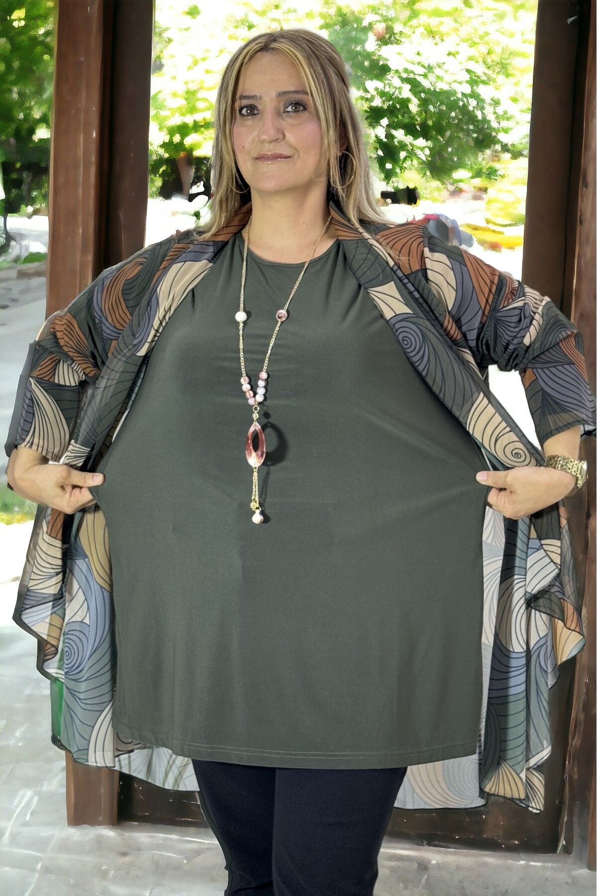 yagmurberen-Ebru Patterned Buzzzy Kumashed Chiffon Jacket and Blouse - Buzy Fabric, Unlined, Plus Size 2-Piece Set 3