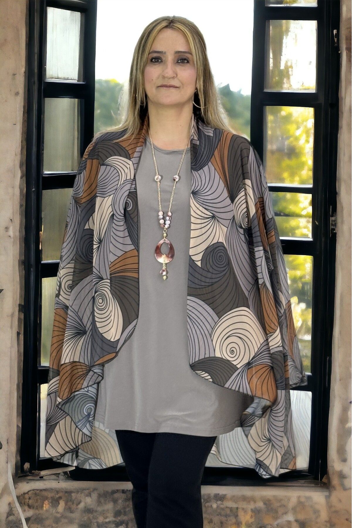 yagmurberen-Ebru Patterned Buzzzy Kumashed Chiffon Jacket and Blouse - Buzy Fabric, Unlined, Plus Size 2-Piece Set 5