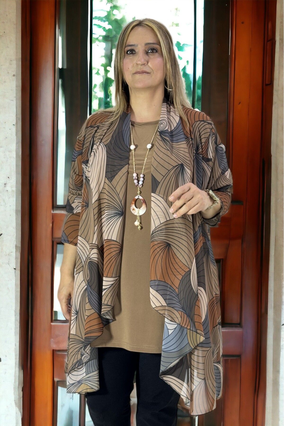 yagmurberen-Ebru Patterned Buzzzy Kumashed Chiffon Jacket and Blouse - Buzy Fabric, Unlined, Plus Size 2-Piece Set 5