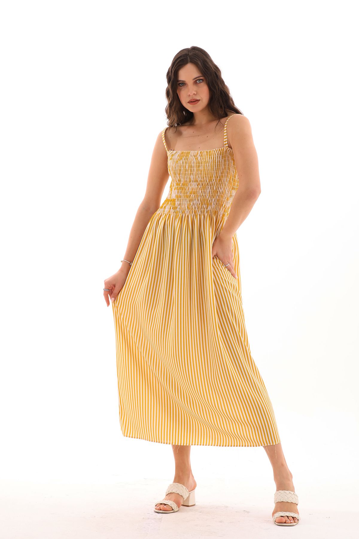 REELMODA-Rochie de vara dama cu bretele subtiri si gipe - bumbac vascoza dungi 4