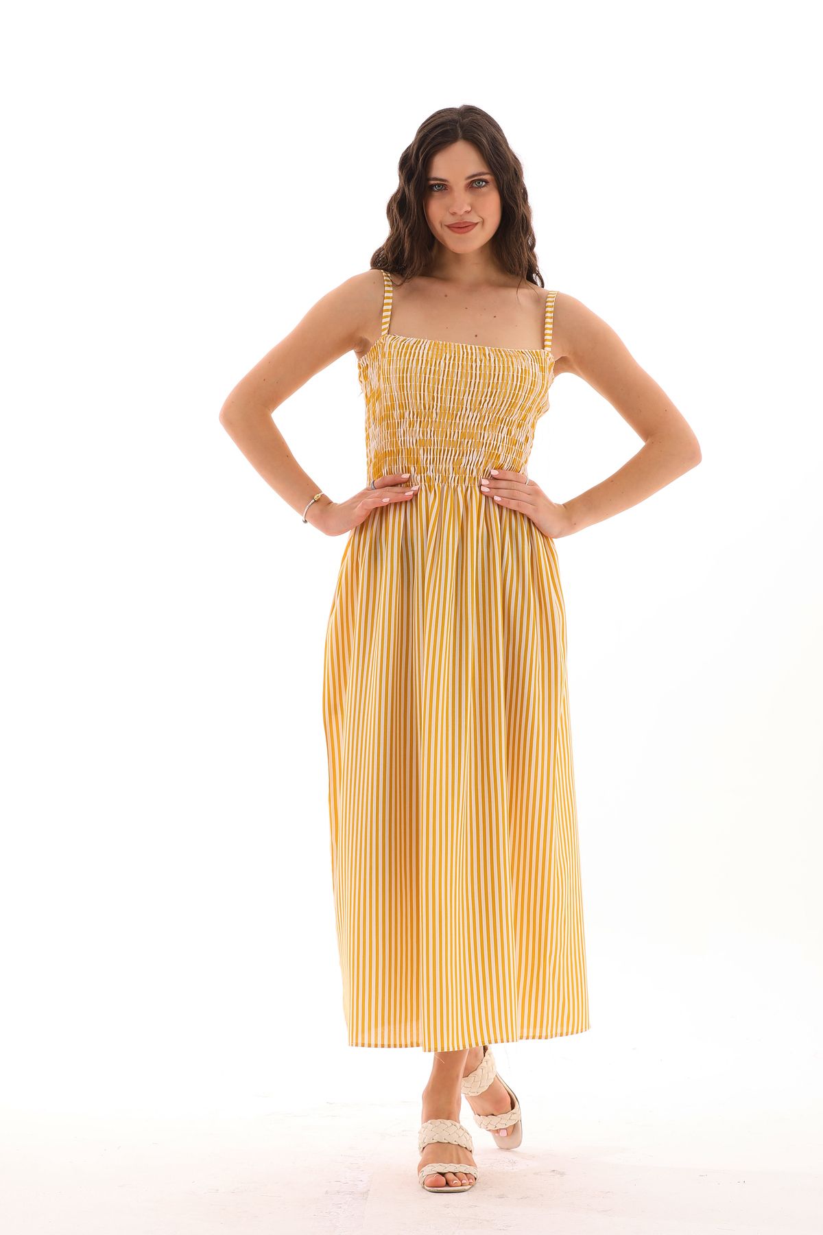 REELMODA-Rochie de vara dama cu bretele subtiri si gipe - bumbac vascoza dungi 3