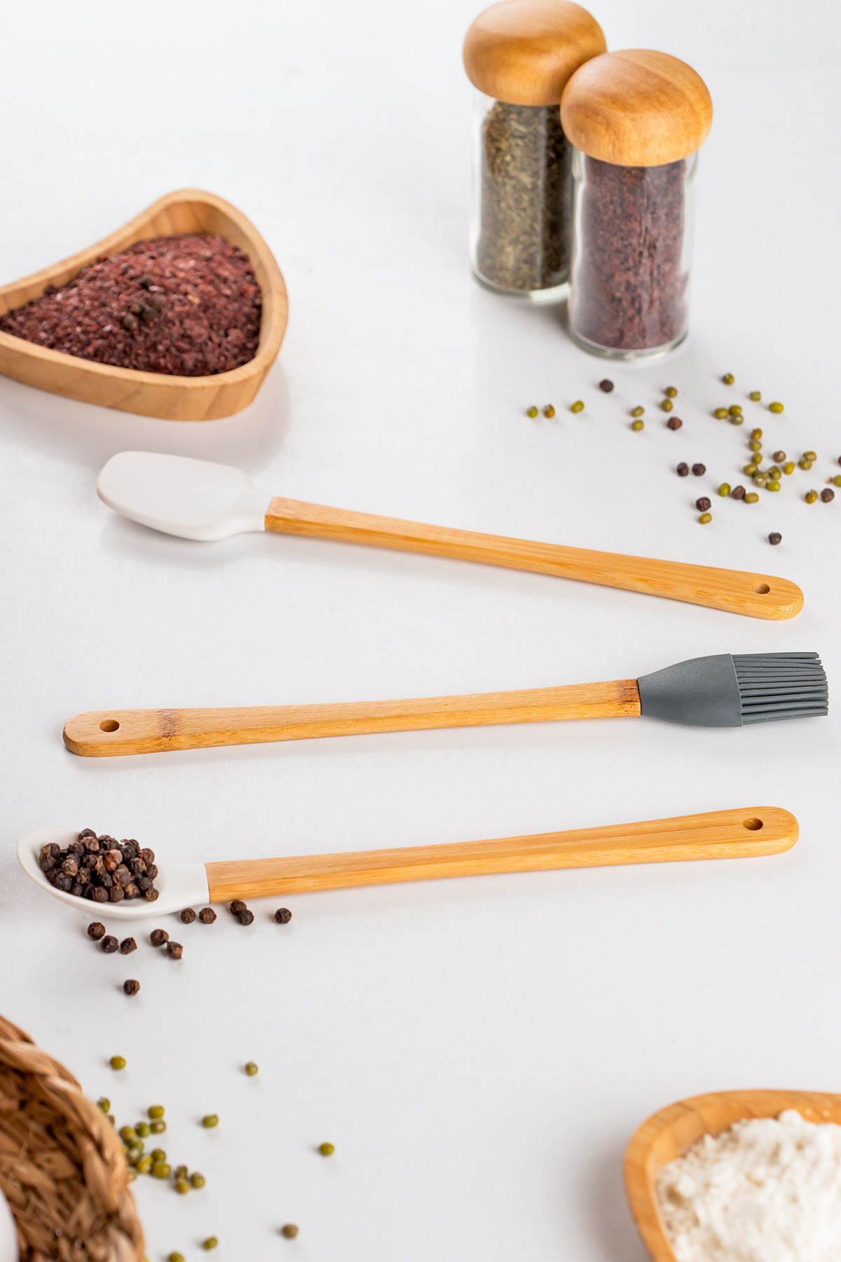 Porsima Mıen 3 Parça Mini Silikon Kaşık Spatula Fırça - Yanmaz Yapışmaz Hazırlık Seti 23 cm