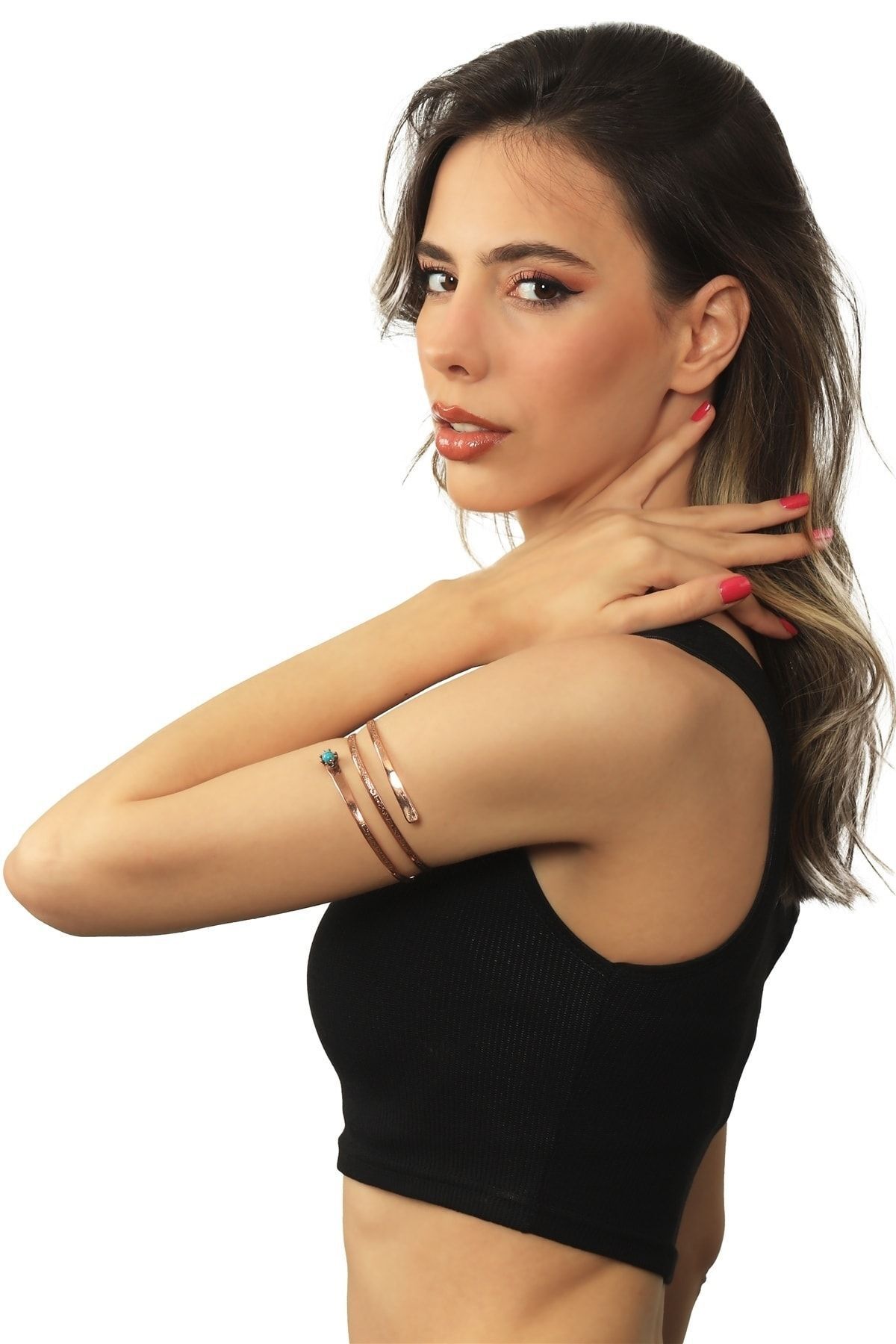 LABALABA-Double Row Wrap Model Turquoise Stone Detailed Adjustable Open Band Handmade Copper Upper Arm Accessory 3