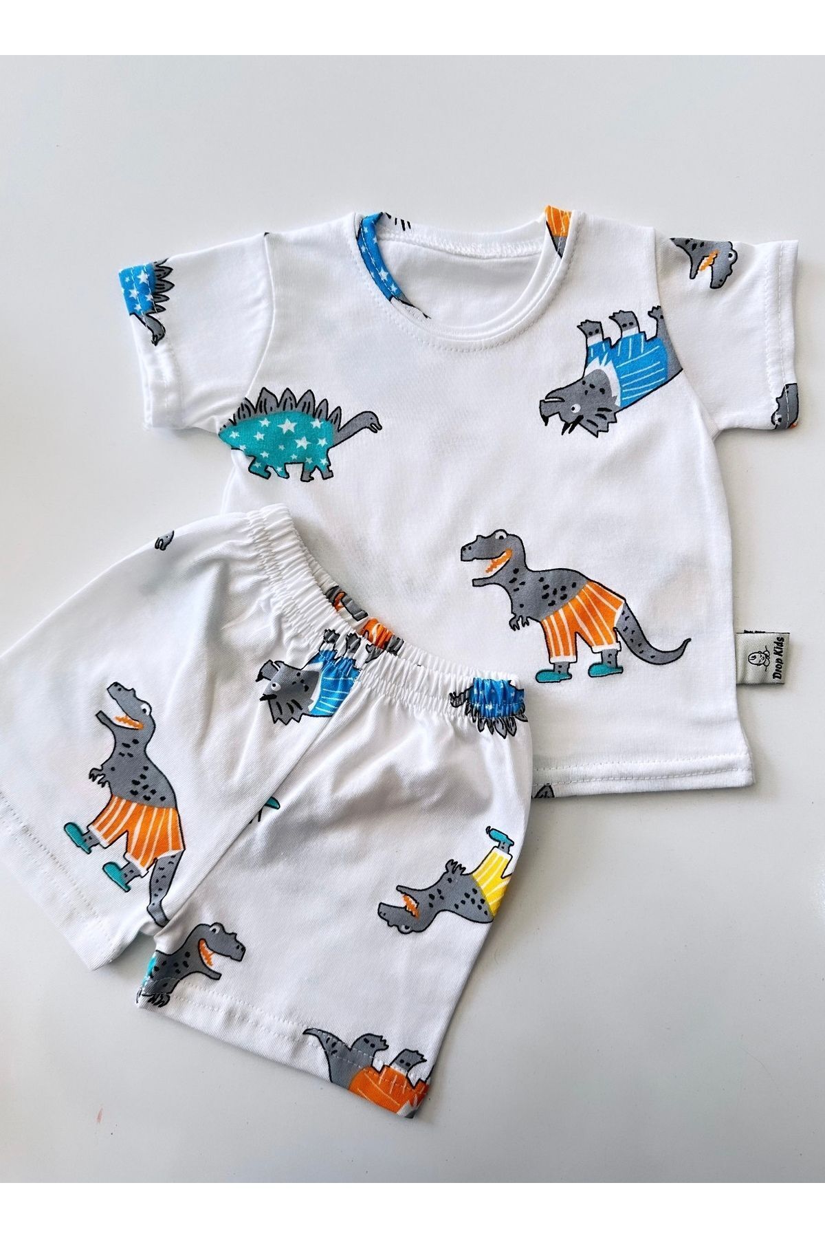 Drop Kids Bebek Pijama Takımı Kısakol Şort Dinazor Desen %100 Pamuk Yenidoğam fotoğrafı 2 (önizleme)