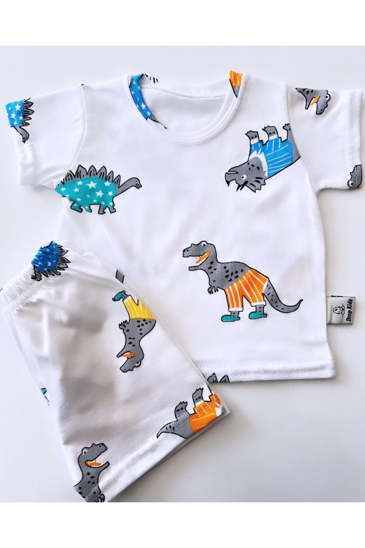 Drop Kids Bebek Pijama Takımı Kısakol Şort Dinazor Desen %100 Pamuk Yenidoğam fotoğrafı 5 (önizleme)